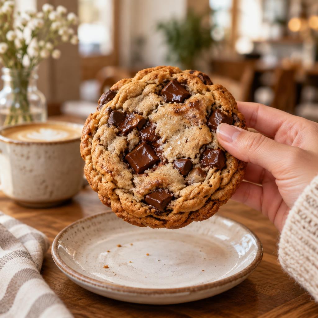 Mano sosteniendo una cookie estilo americana; imagen ilustrativa