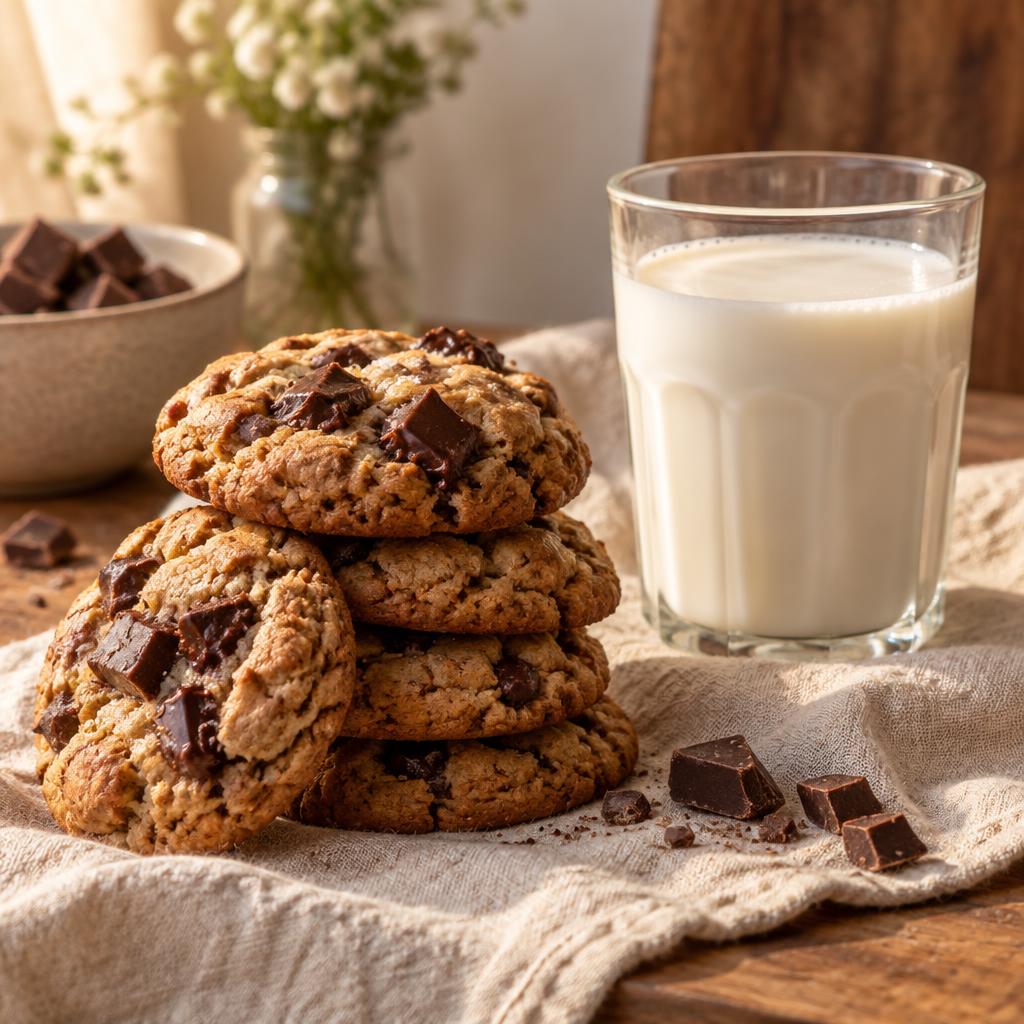 Cookies apiladas junto a un vaso de leche; imagen ilustrativa